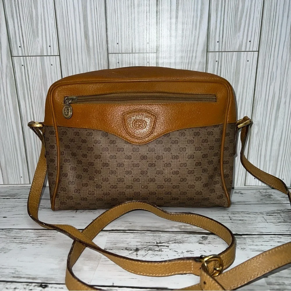 Gucci Vintage GG Monogram Canvas Crossbody Bag Brown Leather Trim Messenger - Picture 6 of 12
